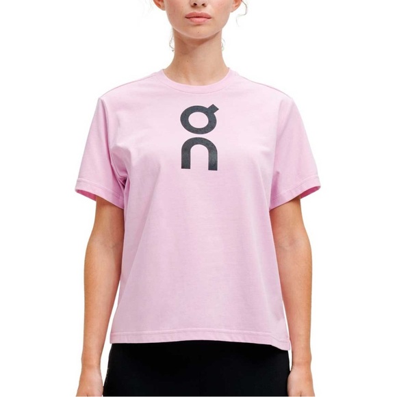 On Running Tops - Women’s On pink/purple logo graphic T-shirt. Medium. On Clouds/ On running New